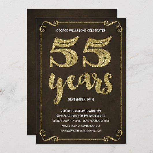 金ゴールドのタイポグラフィ|のフェイクなホイルの第55誕生会 招待状 (正面/裏面)