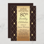 金ゴールドのダイヤモンドのパターンは茶色の80th誕生日パーティー 招待状 (正面/裏面)