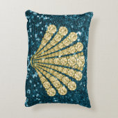 金ゴールドのダイヤモンドの貝殻のティール(緑がかった色)のフェイクなグリッター アクセントクッション (裏面(縦))