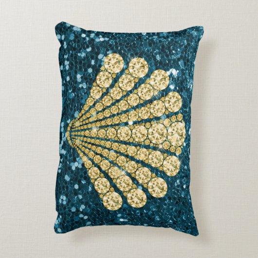 金ゴールドのダイヤモンドの貝殻のティール（緑がかった色）のフェイクなグリッター アクセントクッション (裏面(縦))