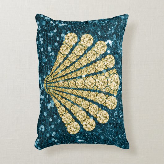 金ゴールドのダイヤモンドの貝殻のティール（緑がかった色）のフェイクなグリッター アクセントクッション (正面(垂直))