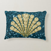 金ゴールドのダイヤモンドの貝殻のティール(緑がかった色)のフェイクなグリッター アクセントクッション (裏面)