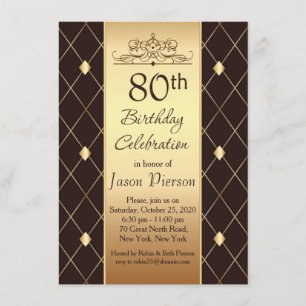 金ゴールドのダイヤモンド模様（茶色の80歳の誕生日パーティー） 招待状