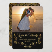 金ゴールドのダマスク織のリースの写真の結婚式は感謝していしています サンキューカード (正面/裏面)