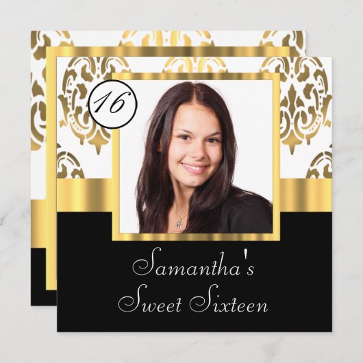 金ゴールドのダマスク織の写真テンプレートのsweet sixteen 招待状 (正面/裏面)