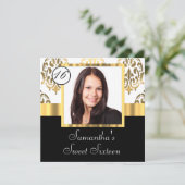 金ゴールドのダマスク織の写真テンプレートのsweet sixteen 招待状 (スタンド正面)