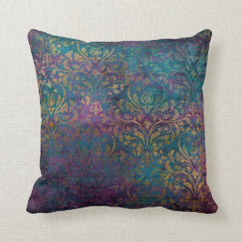 金ゴールドのダマスク織の紫色のピンクのティール（緑がかった色） クッション