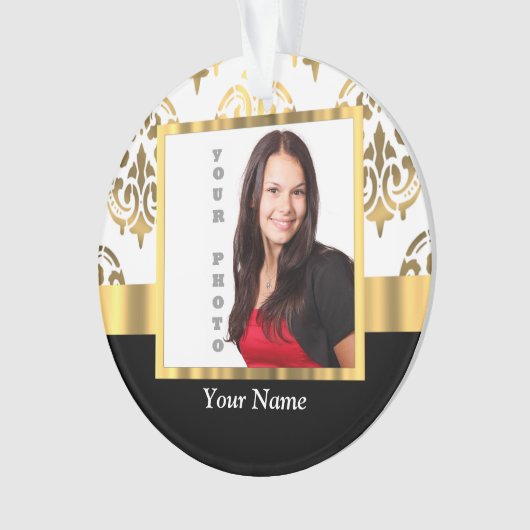 金ゴールドのダマスク織のinstagramの写真テンプレート オーナメント (正面)