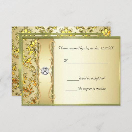 金ゴールドのダマスク織RSVPカードのD1金ゴールド 出欠カード (正面/裏面)