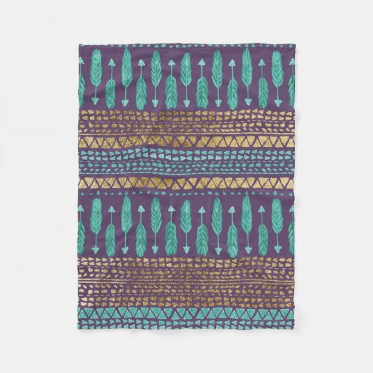 金ゴールドのティール(緑がかった色)および紫色の矢の種族のアステカなパターン フリースブランケット (正面)