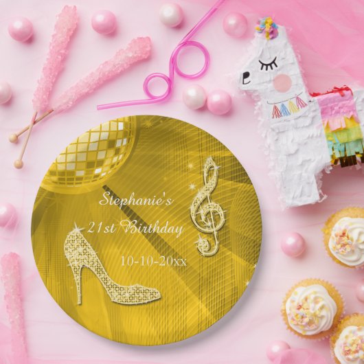 金ゴールドのディスコの球およびかかとの第21誕生日 ペーパープレート (パーティー)