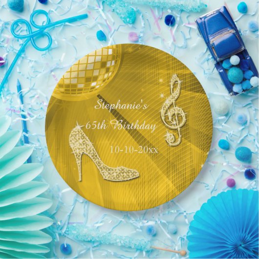 金ゴールドのディスコの球およびかかとの第65誕生日 ペーパープレート (パーティー)