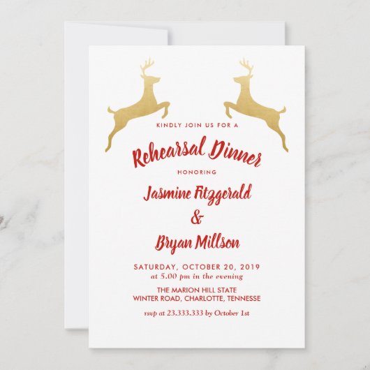 金ゴールドのトナカイ|のクリスマスの結婚式のリハーサルの夕食 招待状 (正面)