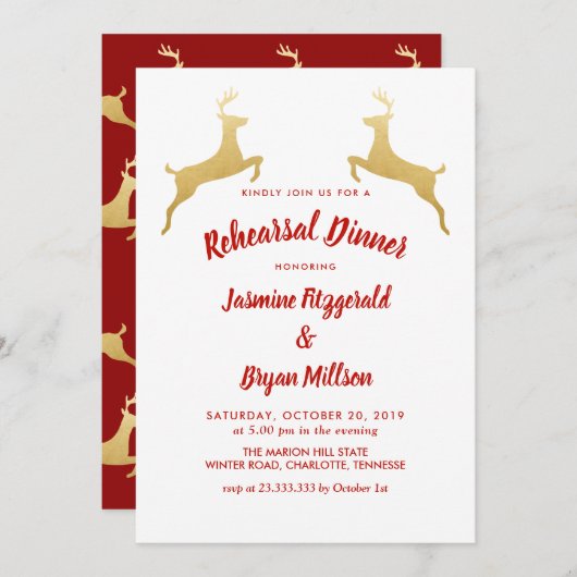 金ゴールドのトナカイ|のクリスマスの結婚式のリハーサルの夕食 招待状 (正面/裏面)