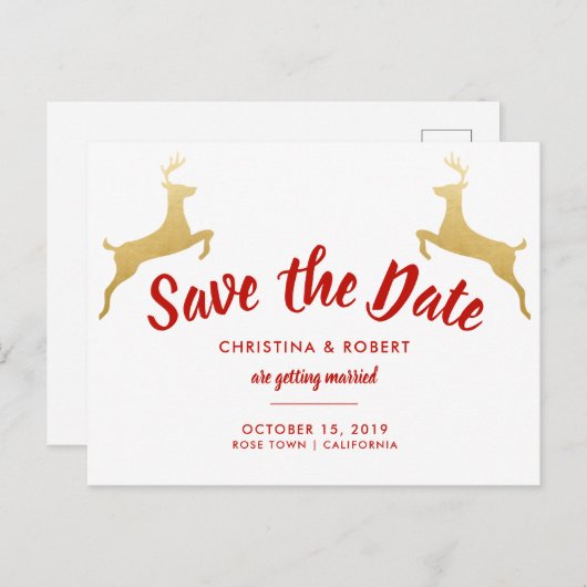 金ゴールドのトナカイ|のクリスマス|の結婚の保存日付 案内ポストカード (正面/裏面)