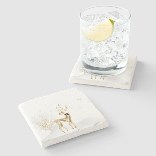 金ゴールドのトナカイ、冬場面 ストーンコースター (横)