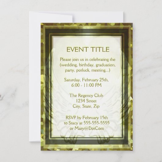 金ゴールドのハートおよび天使の翼 招待状 (正面)