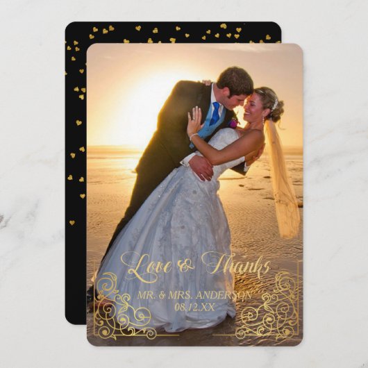 金ゴールドのハートの紙吹雪の写真の結婚式は感謝していしています サンキューカード (正面/裏面)