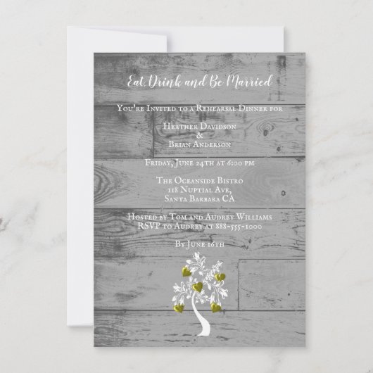 金ゴールドのハートの結婚リハーサルの夕食会 招待状 (正面)