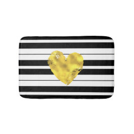 金ゴールドのハート、白黒ストライプ バスマット