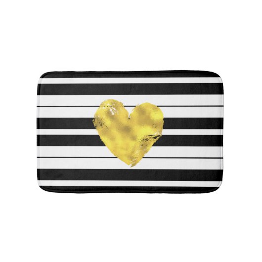 金ゴールドのハート、白黒ストライプ バスマット (正面)