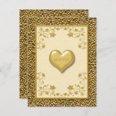 金ゴールドのハートRSVPカードとのアイボリーの花柄 出欠カード (正面/裏面)