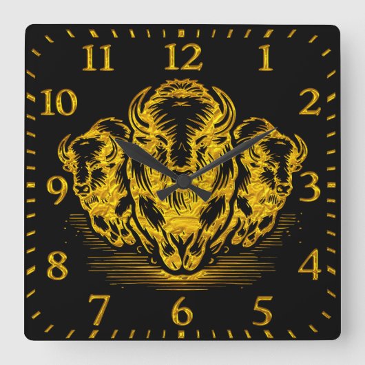 金ゴールドのバイソンスタンピード大草原の風景 スクエア壁時計 (正面)