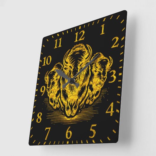 金ゴールドのバイソンスタンピード大草原の風景 スクエア壁時計 (傾斜)