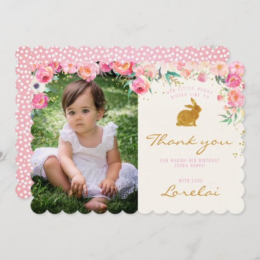 金ゴールドのバニーのピンクの花柄のサンキューカード サンキューカード (正面/裏面)