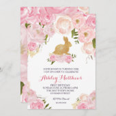 金ゴールドのバニーの誕生日のピンクの花の招待状、 招待状 (正面/裏面)