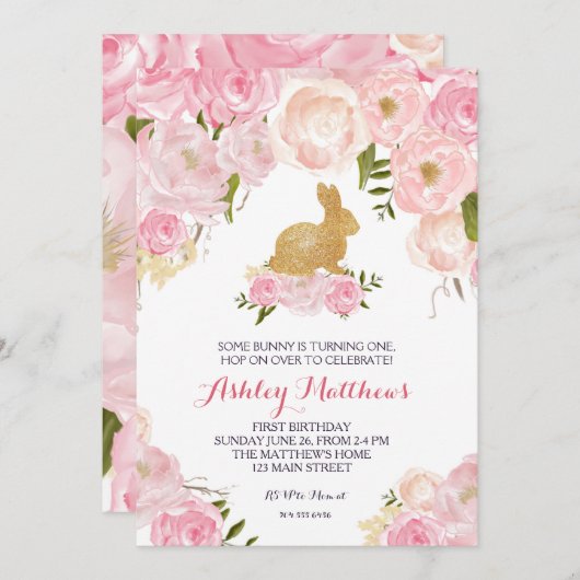 金ゴールドのバニーの誕生日のピンクの花の招待状、 招待状 (正面/裏面)