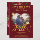 金ゴールドのバーガンディの花柄の日付保存は恋に落ちます 招待状 (正面/裏面)