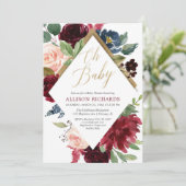 金ゴールドのバーガンディの赤面のピンクの花の女の子のベビーシャワー 招待状 (スタンド正面)