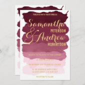 金ゴールドのバーガンディのbrushstrokの水彩画のグラデーションな結婚式 招待状 (正面/裏面)