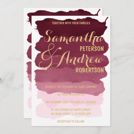 金ゴールドのバーガンディのbrushstrokの水彩画のグラデーションな結婚式 招待状 (正面/裏面)