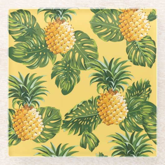 金ゴールドのパイナップル及び熱帯葉 ガラスコースター (正面)