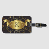 金ゴールドのパーソナライズな黒い花のモノグラムの名前 ラゲッジタグ (正面横)