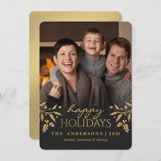 金ゴールドのヒイラギの幸せな休日の写真の平らなカード シーズンカード (正面/裏面)