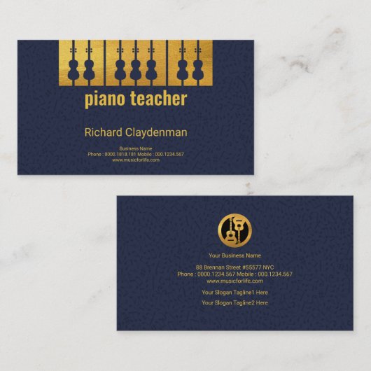 金ゴールドのピアノはバイオリンの黒の鍵のシルエット音楽を調整します 名刺 (正面/裏面)