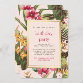 金ゴールドのピンクおよび緑の葉の熱帯パーティー 招待状 (正面/裏面)