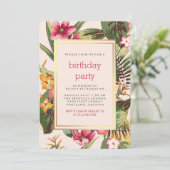 金ゴールドのピンクおよび緑の葉の熱帯パーティー 招待状 (スタンド正面)
