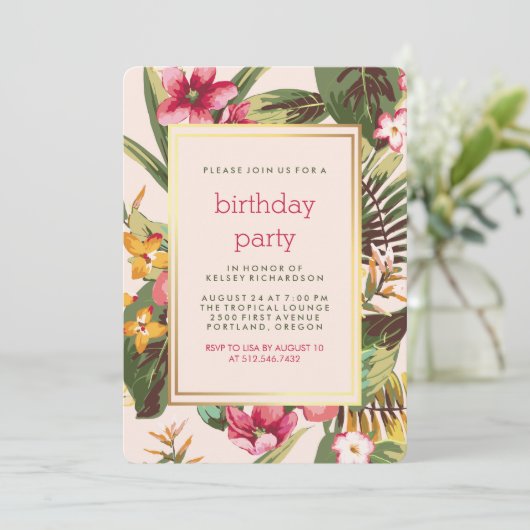 金ゴールドのピンクおよび緑の葉の熱帯パーティー 招待状 (スタンド正面)