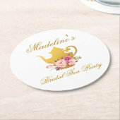 金ゴールドのピンクの花のブライダルシャワーのお茶会 ラウンドペーパーコースター (アングル)