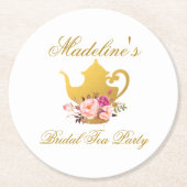 金ゴールドのピンクの花のブライダルシャワーのお茶会 ラウンドペーパーコースター (正面)