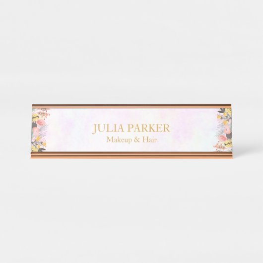 金ゴールドのピンクの花柄 デスクネームプレート (正面)