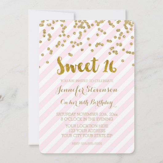 金ゴールドのピンクの菓子16のバースデーパーティ招待状 招待状 (裏面)