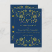 金ゴールドのフィリグリーフラワー&アイビーAtlantic Blue 出欠カード (正面/裏面)