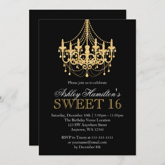 金ゴールドのフェイクなグリッターのシャンデリアの菓子16の招待状 招待状 (正面/裏面)