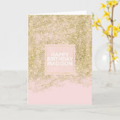 金ゴールドのフェイクなグリッターの赤面のピンクの輝き カード (黄色い花)