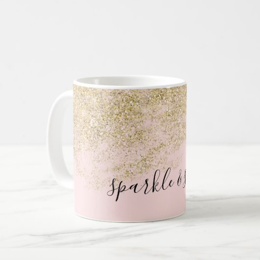 金ゴールドのフェイクなグリッターの赤面のピンクの輝き コーヒーマグカップ (正面左)